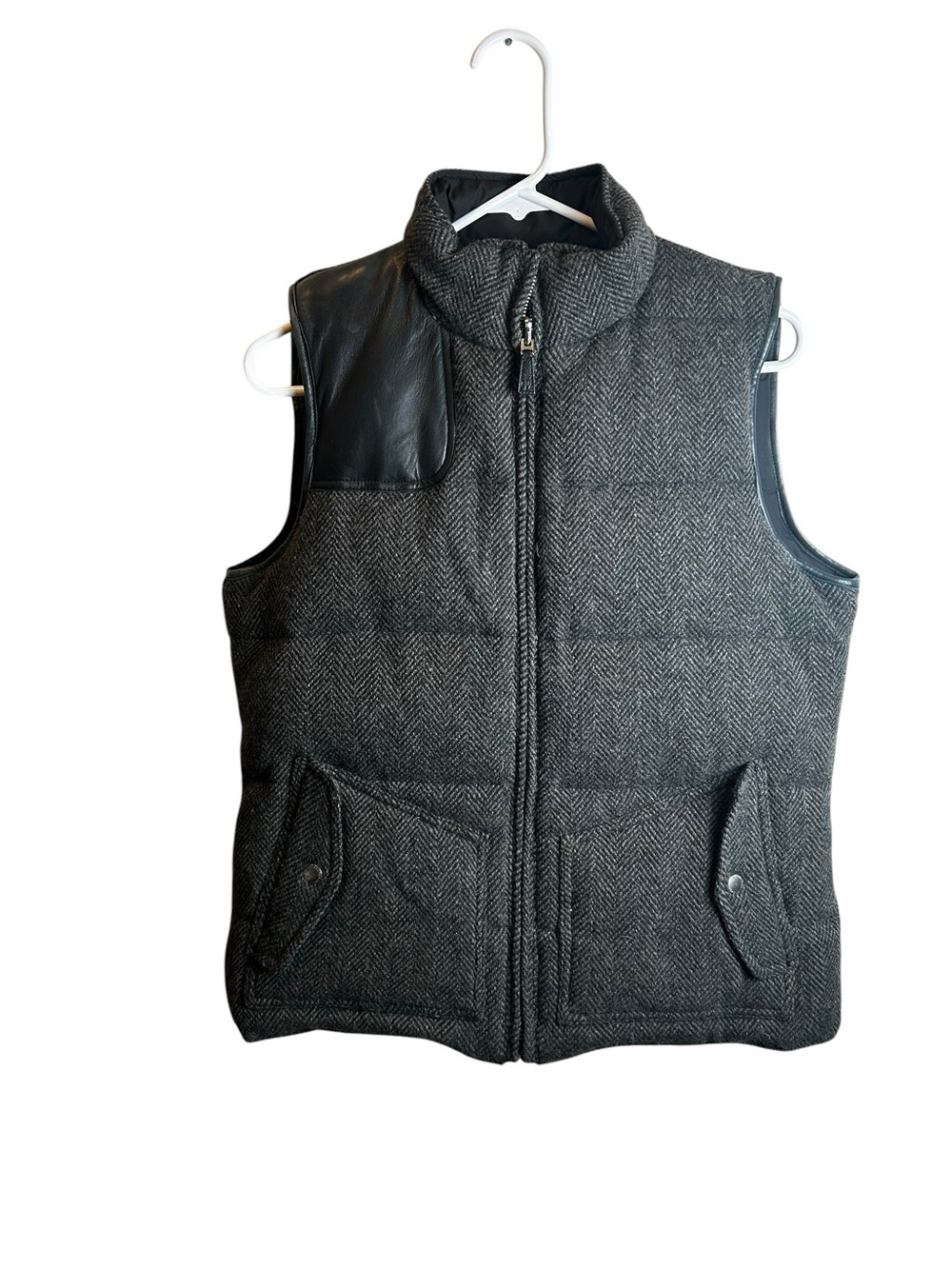 Lauren Ralph Lauren Reversible Down Vest Medium Wool Tweed Herringbone Leather